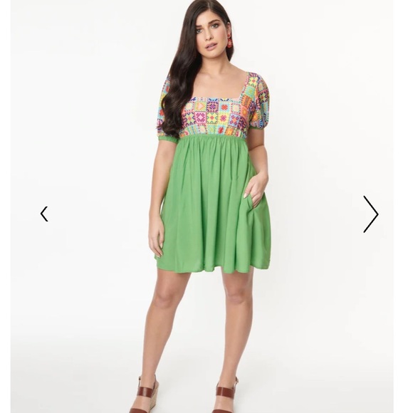 Smak Parlour for Unique Vintage NWT Lime Green & Quilt Pattern Babydoll Dress - Picture 5 of 5